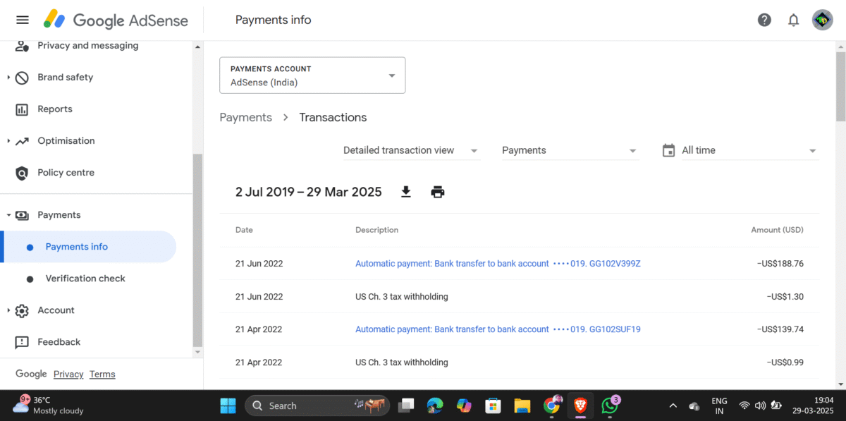 payment received adsense account buy