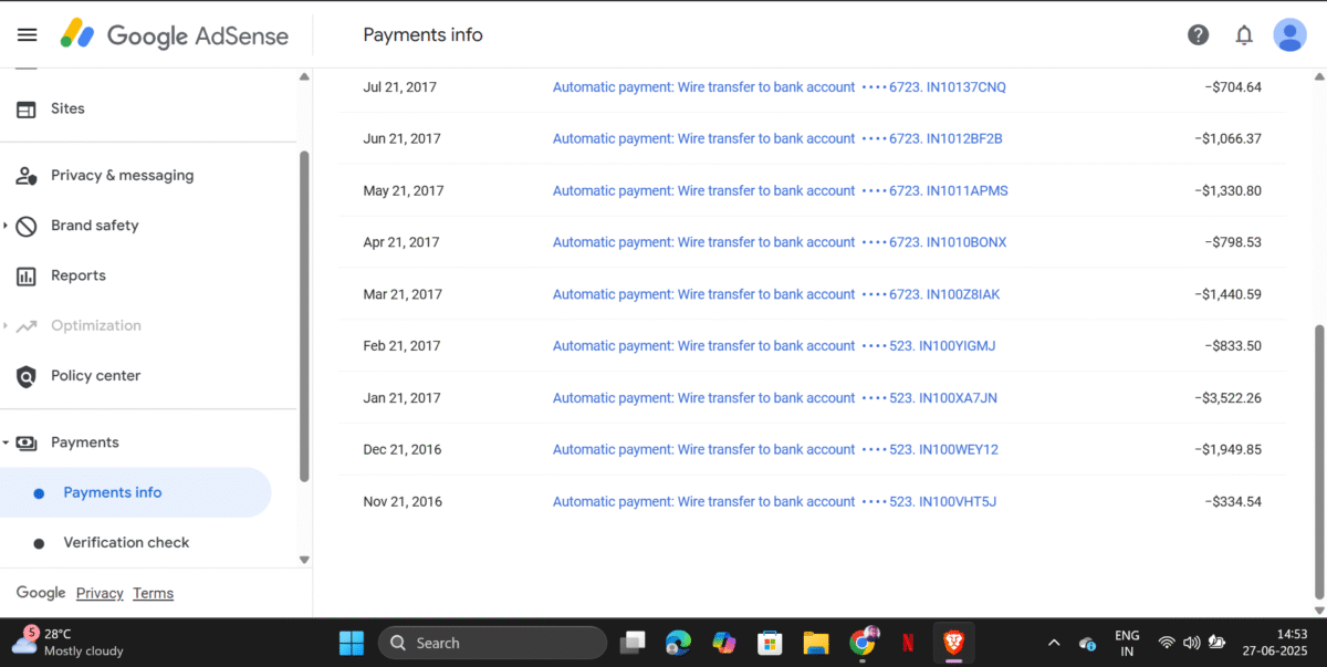 payment received adsense sell